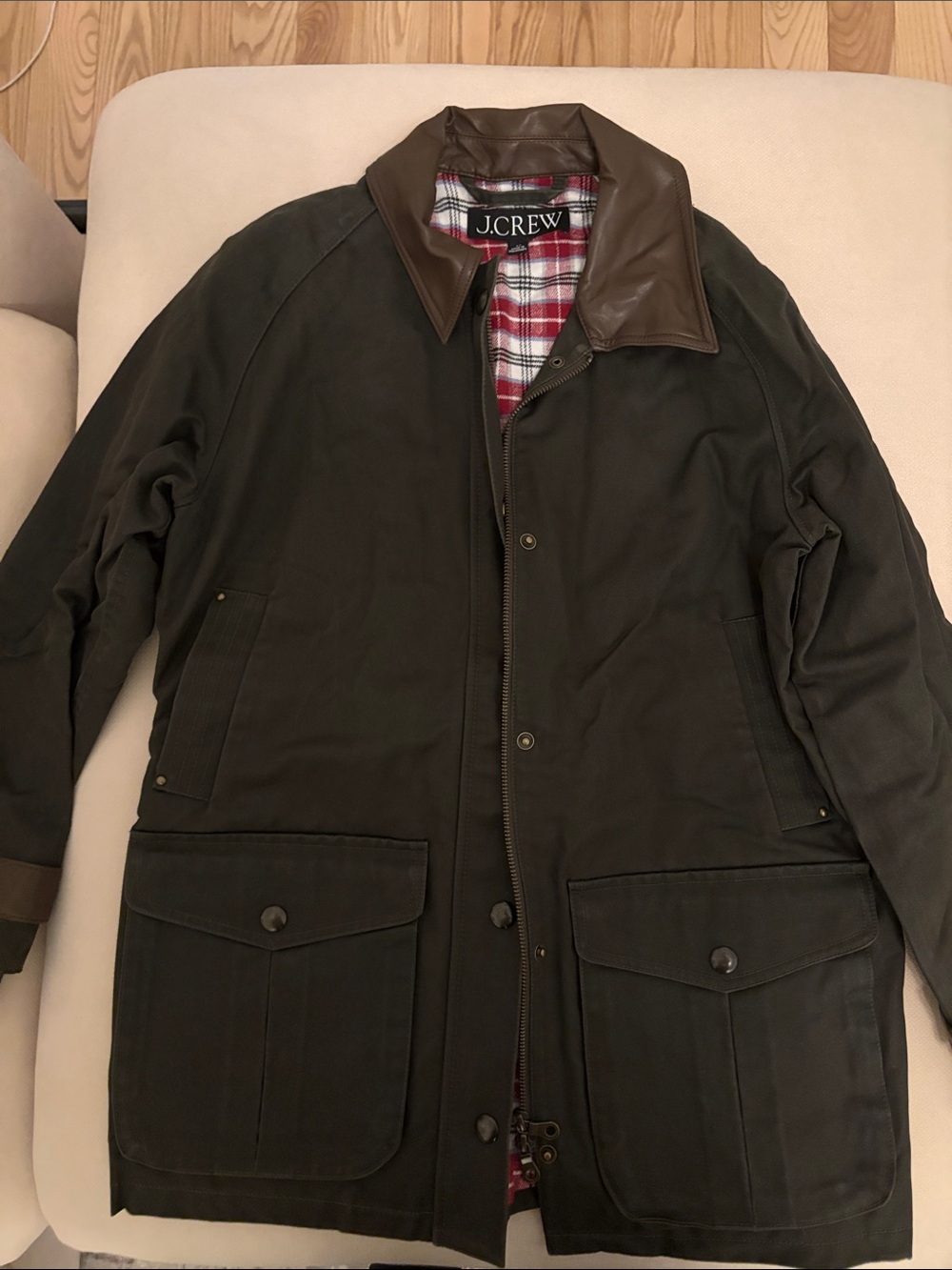 J.Crew Women’s Olive Green Waxed Field Jacket with Brown Leather Collar